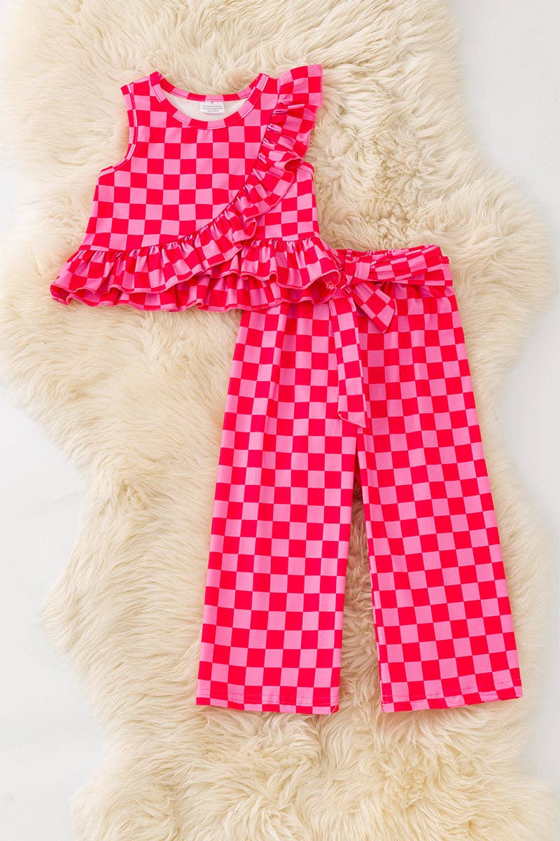 Hot pink checkered printed ruffle top & straight cut pants