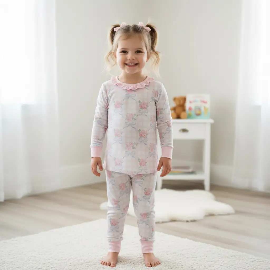 Max and Pippa - Gingham Floral Bow 2 Piece Bamboo Pajamas