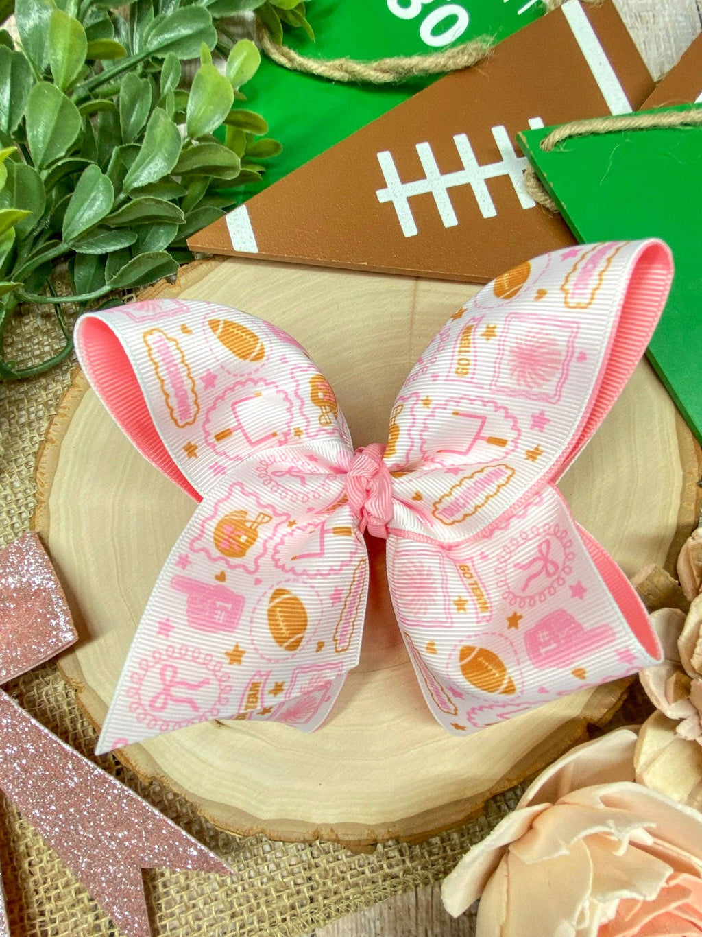 Football Print Pink Double Layer Hair Bow | Clip or Headband