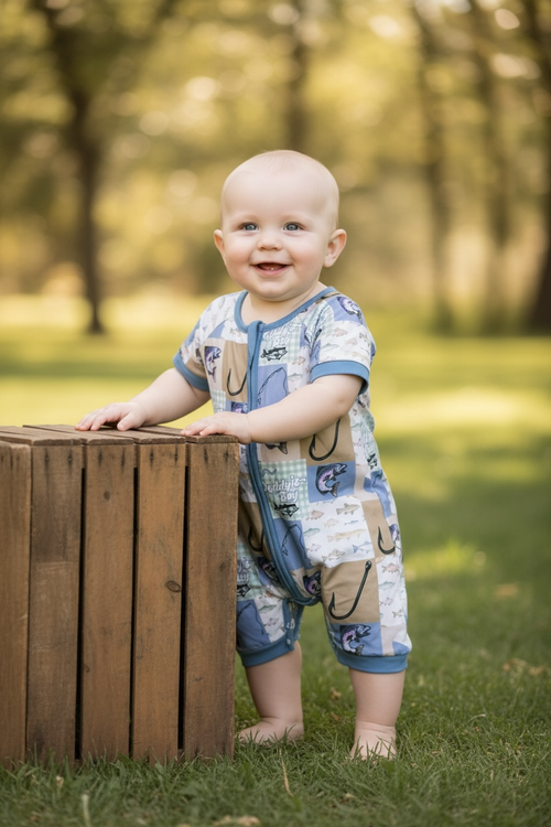 Gone fishing blue patchwork boy romper