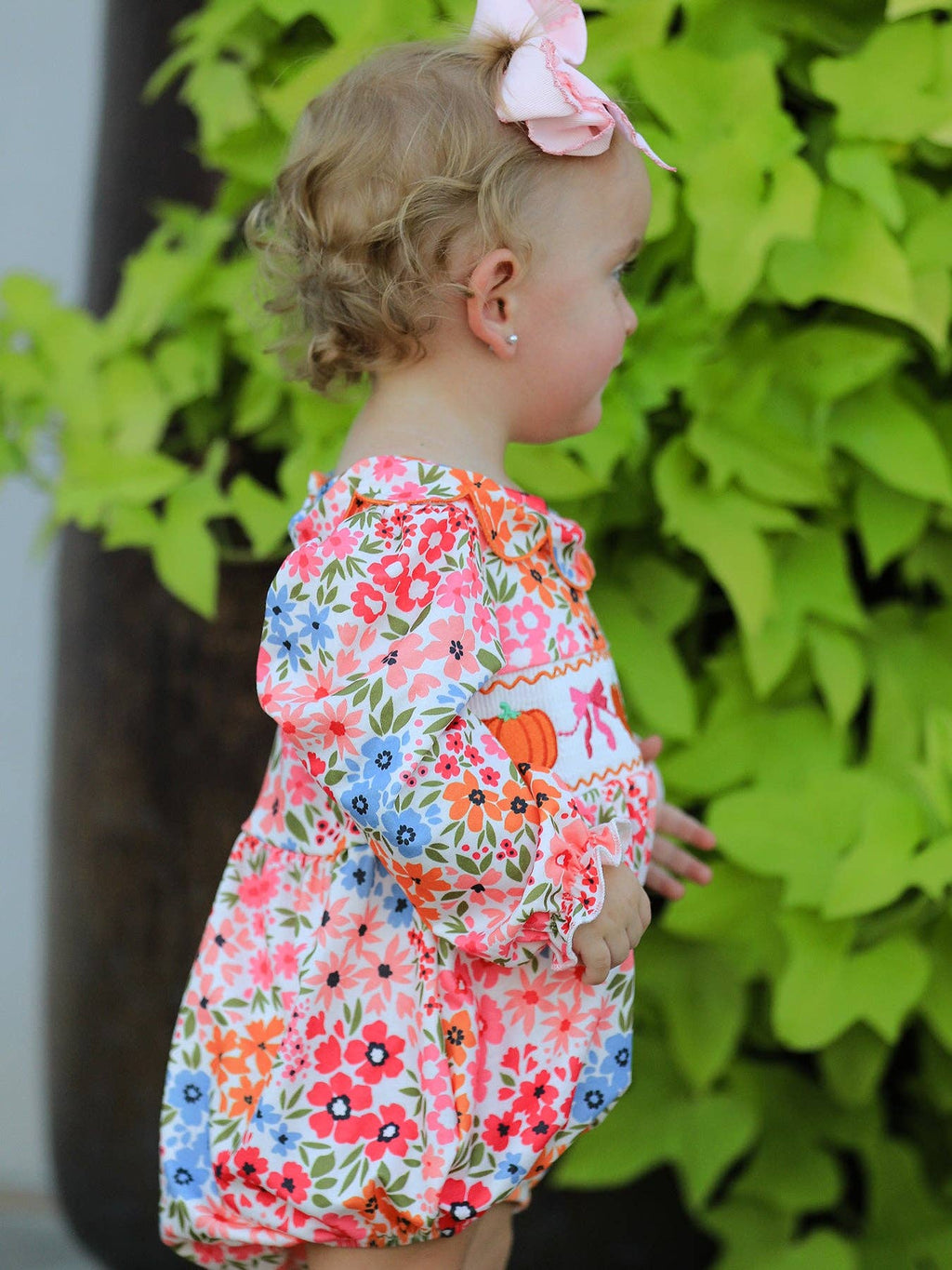 Pumpkin Bow Smock Floral Romper