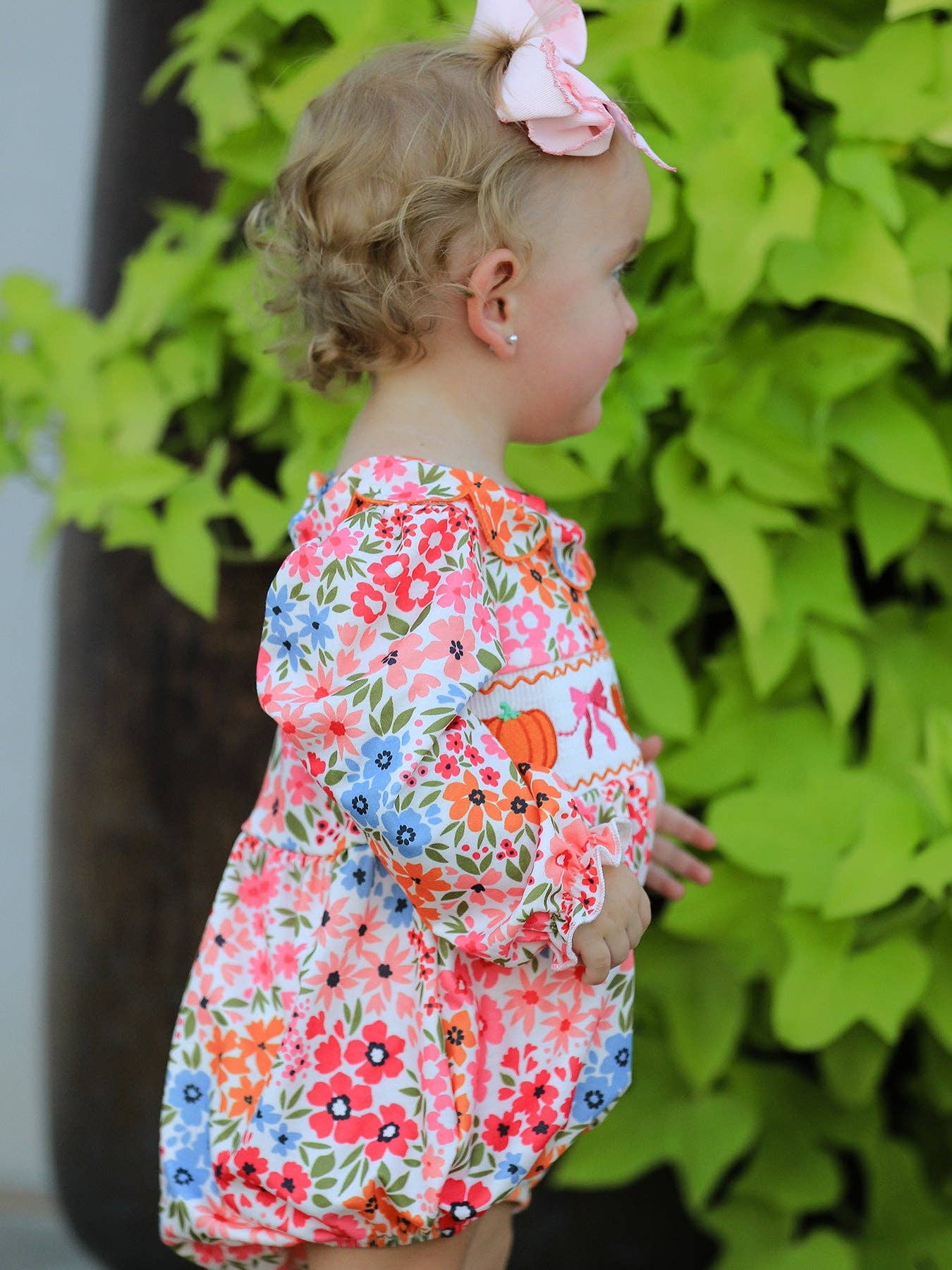 Pumpkin Bow Smock Floral Romper