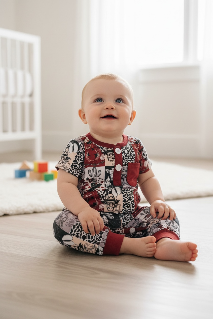 Yee haw patchwork boys western romper with snaps