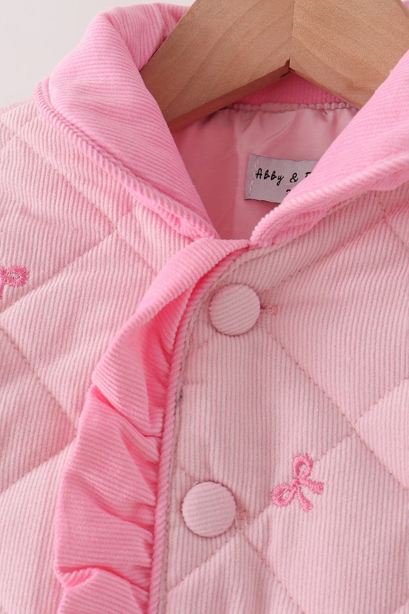 Pink corduroy bow embroidery ruffle jacket