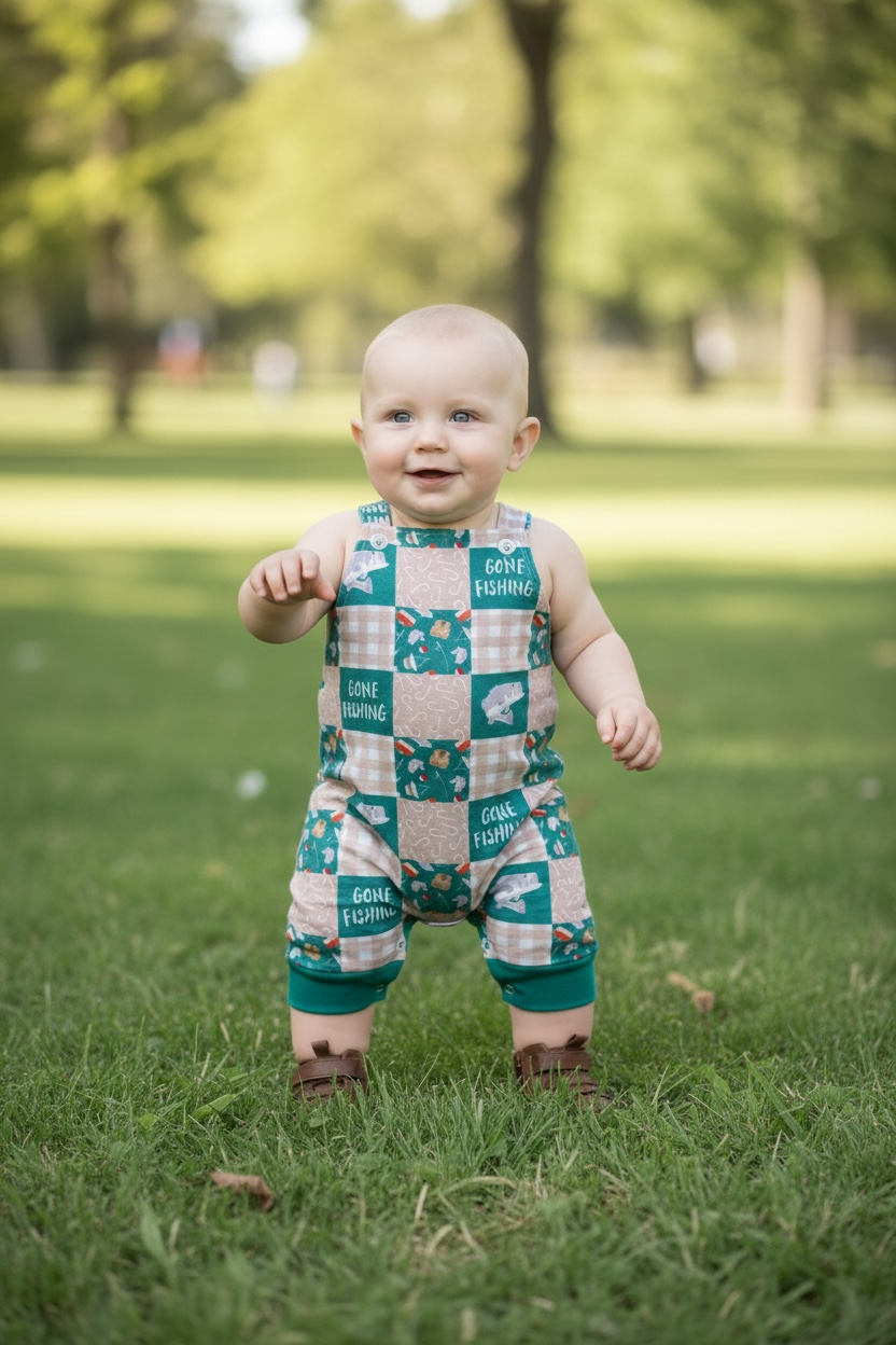 Gone fishing patchwork romper with snaps