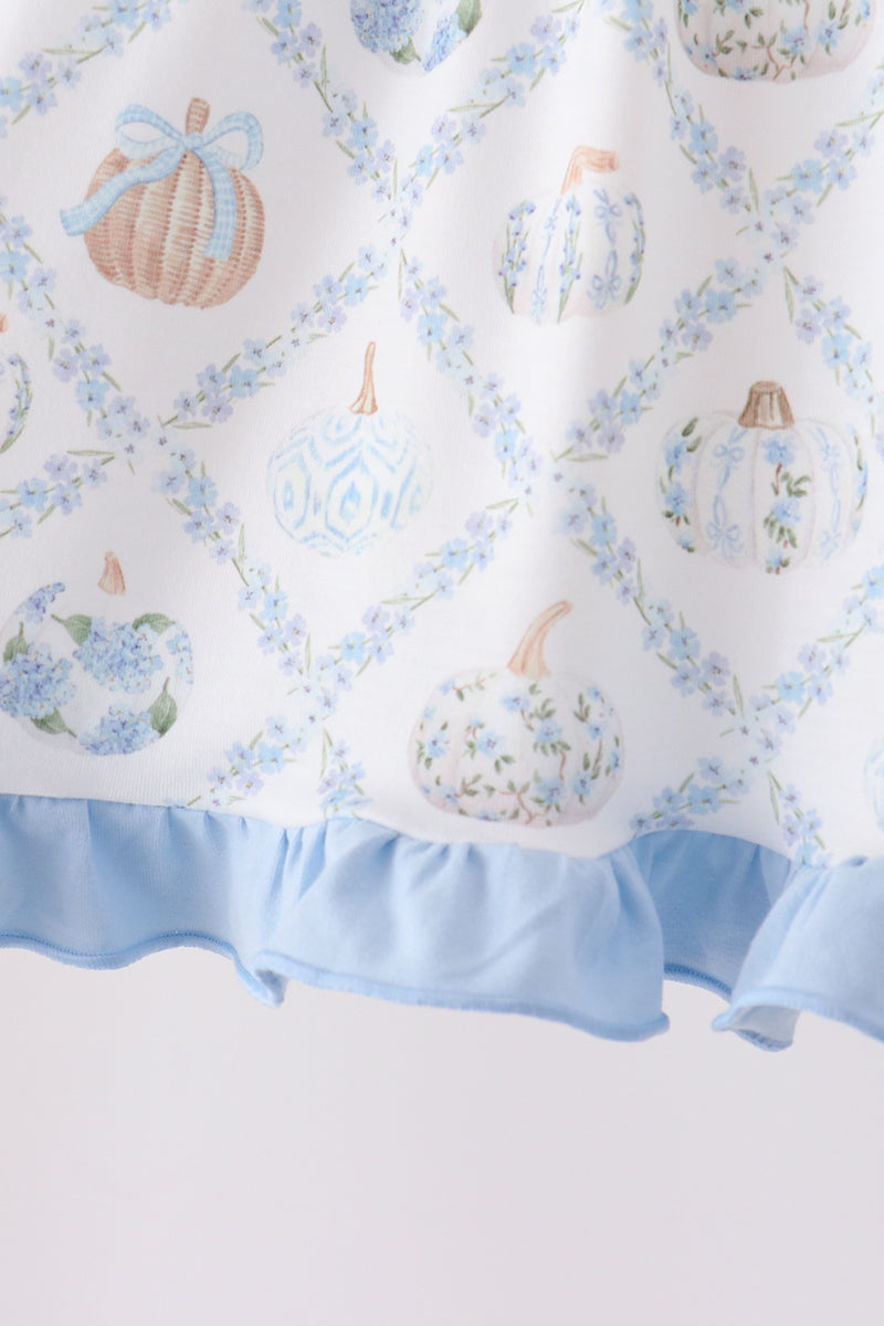 Blue pumpkin embroidery ruffle dress