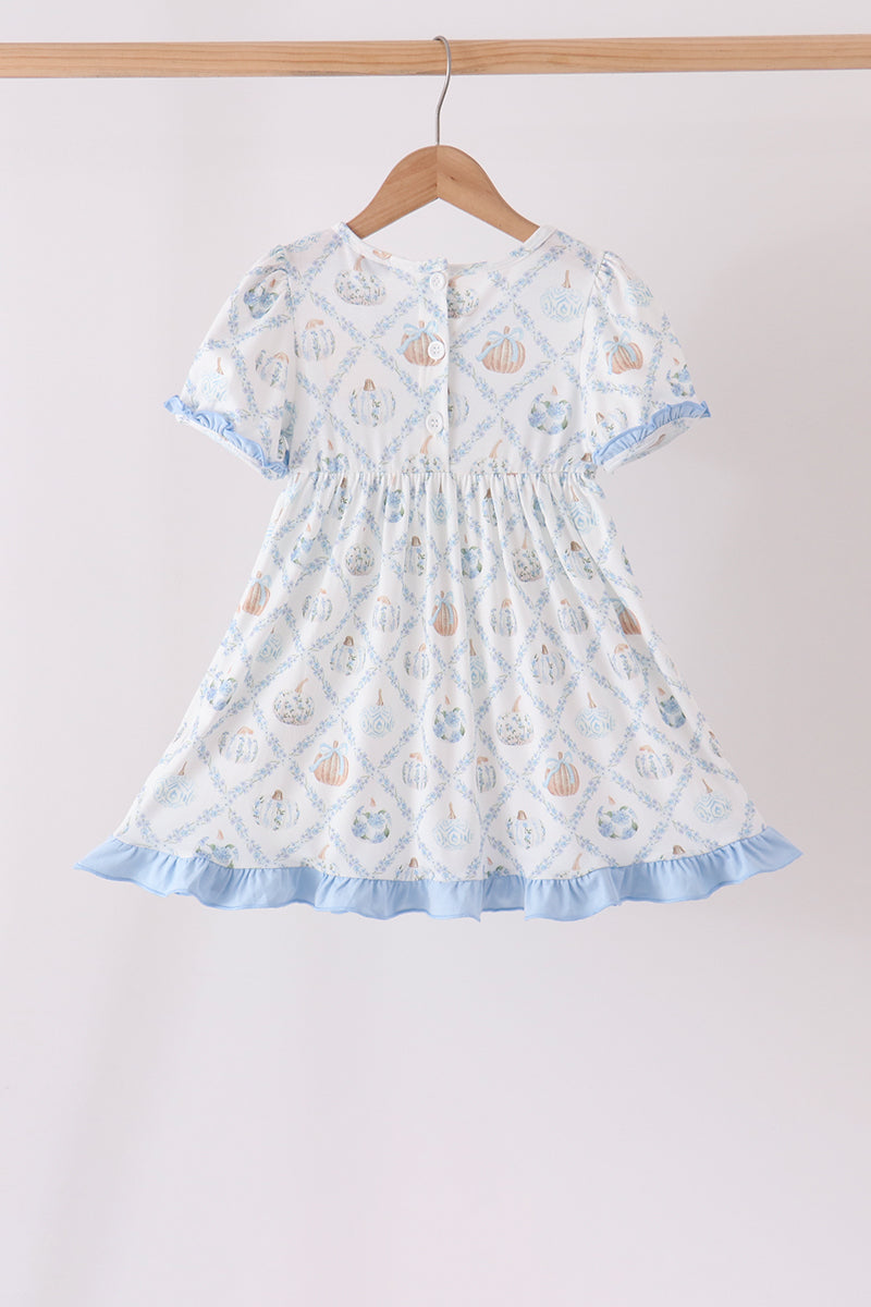 Blue pumpkin embroidery ruffle dress
