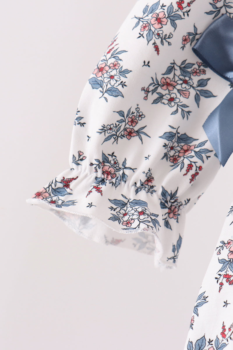Teal floral smocked bow bubble