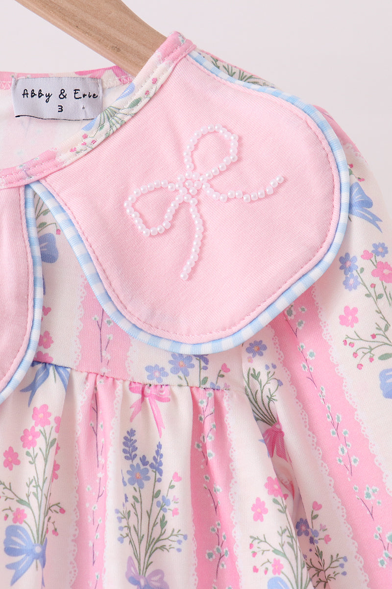 Pink Pearl Bow Floral Dress