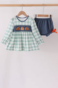Sage Turkey Embroidery Gingham Ruffle Bloomer Set