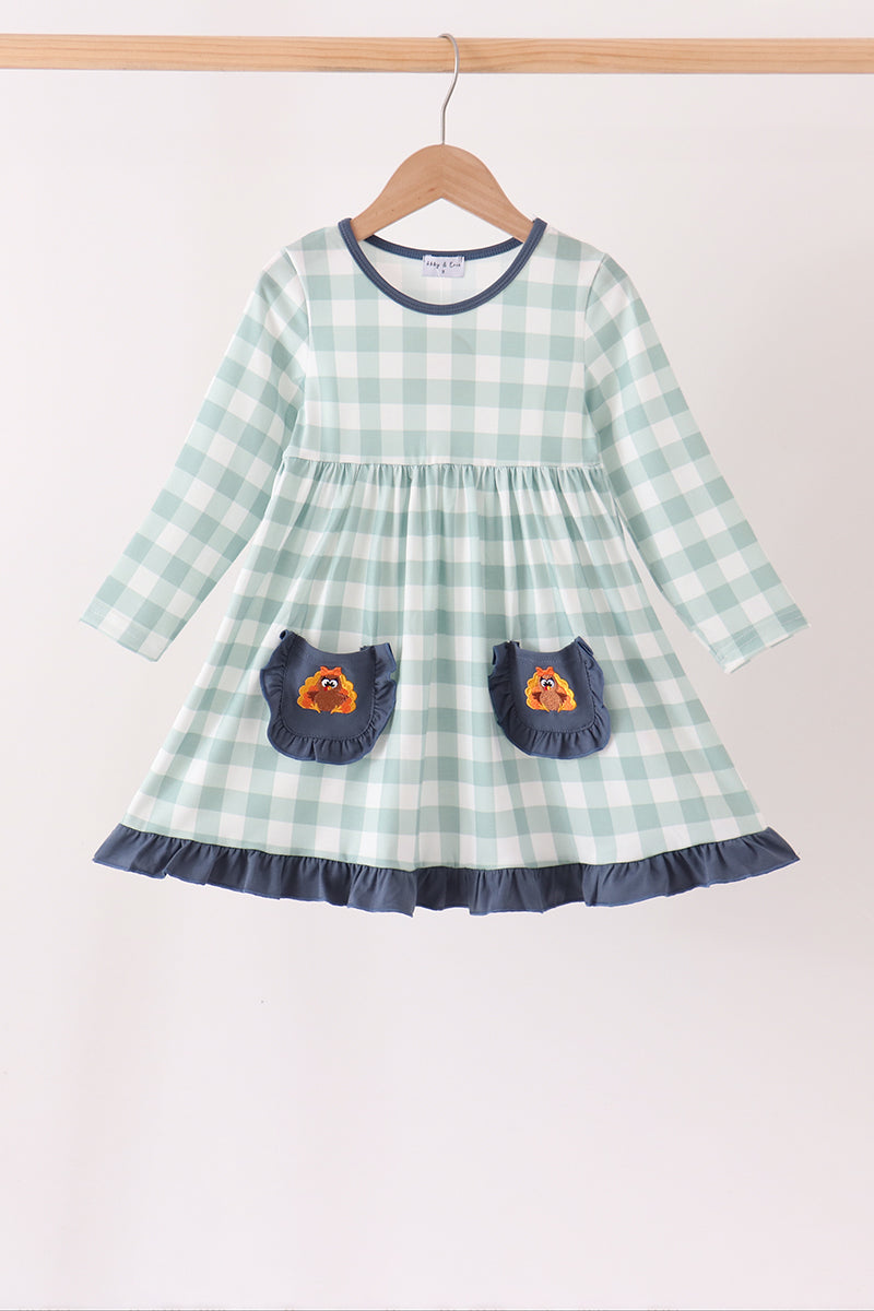 Sage Turkey Embroidery Gingham Dress