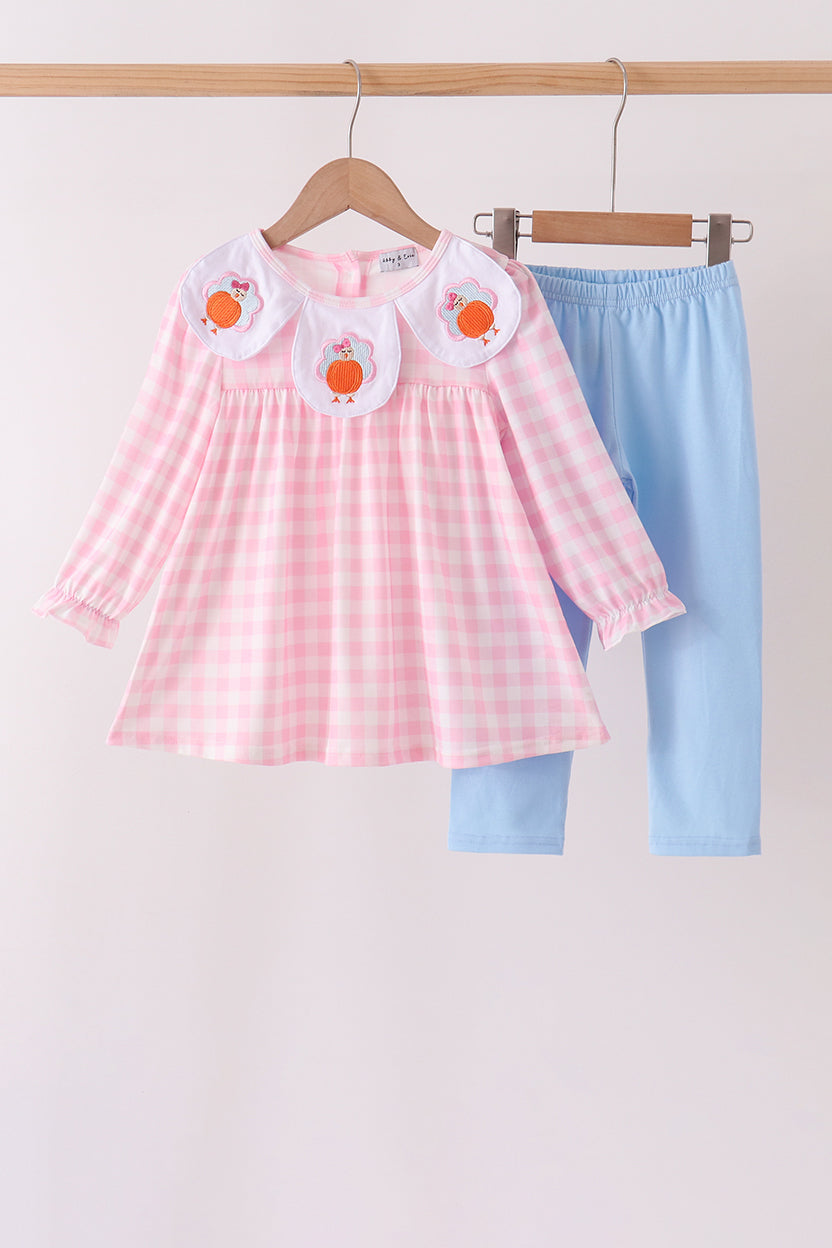 Pink Turkey Embroidery Gingham Pants Set