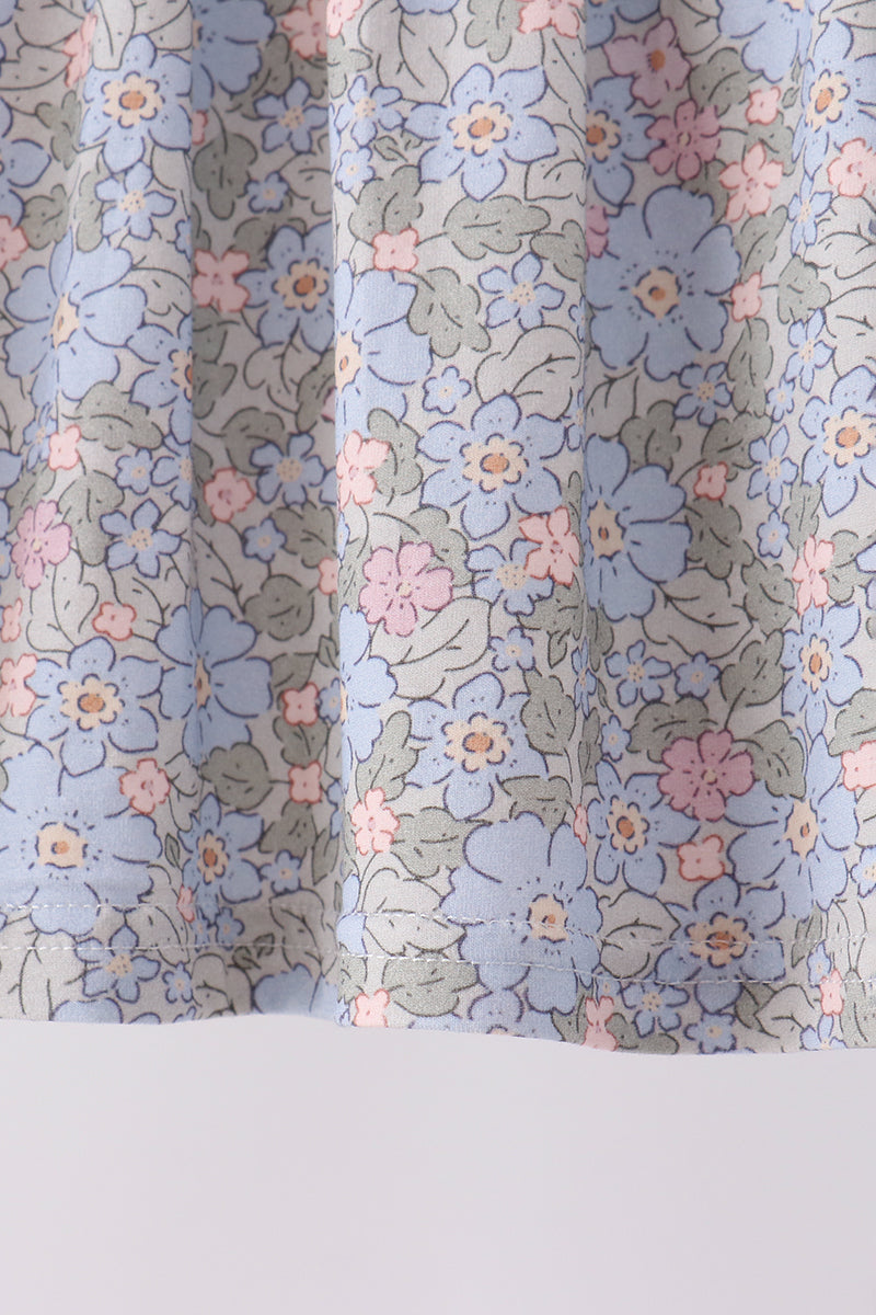 Blue Floral Bow Smocked Ruffle Pants Set