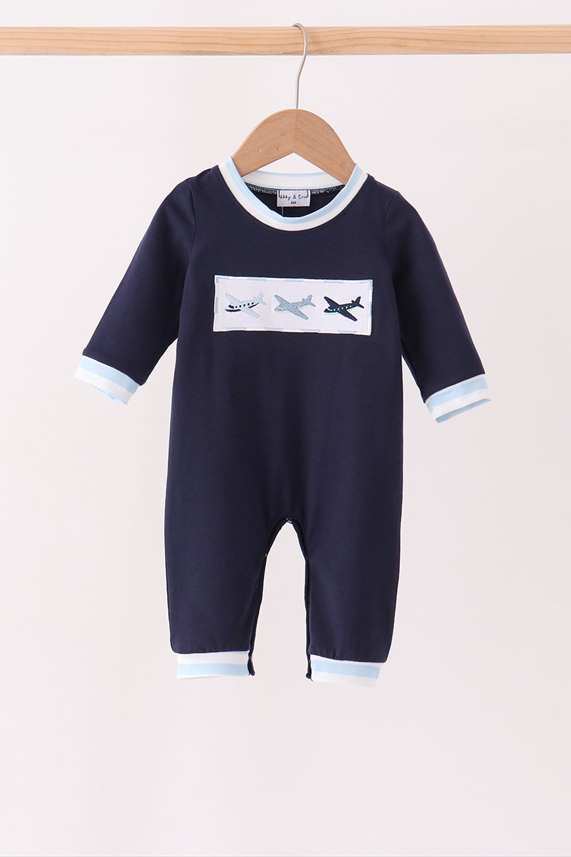 Navy Airplane Embroidery Romper