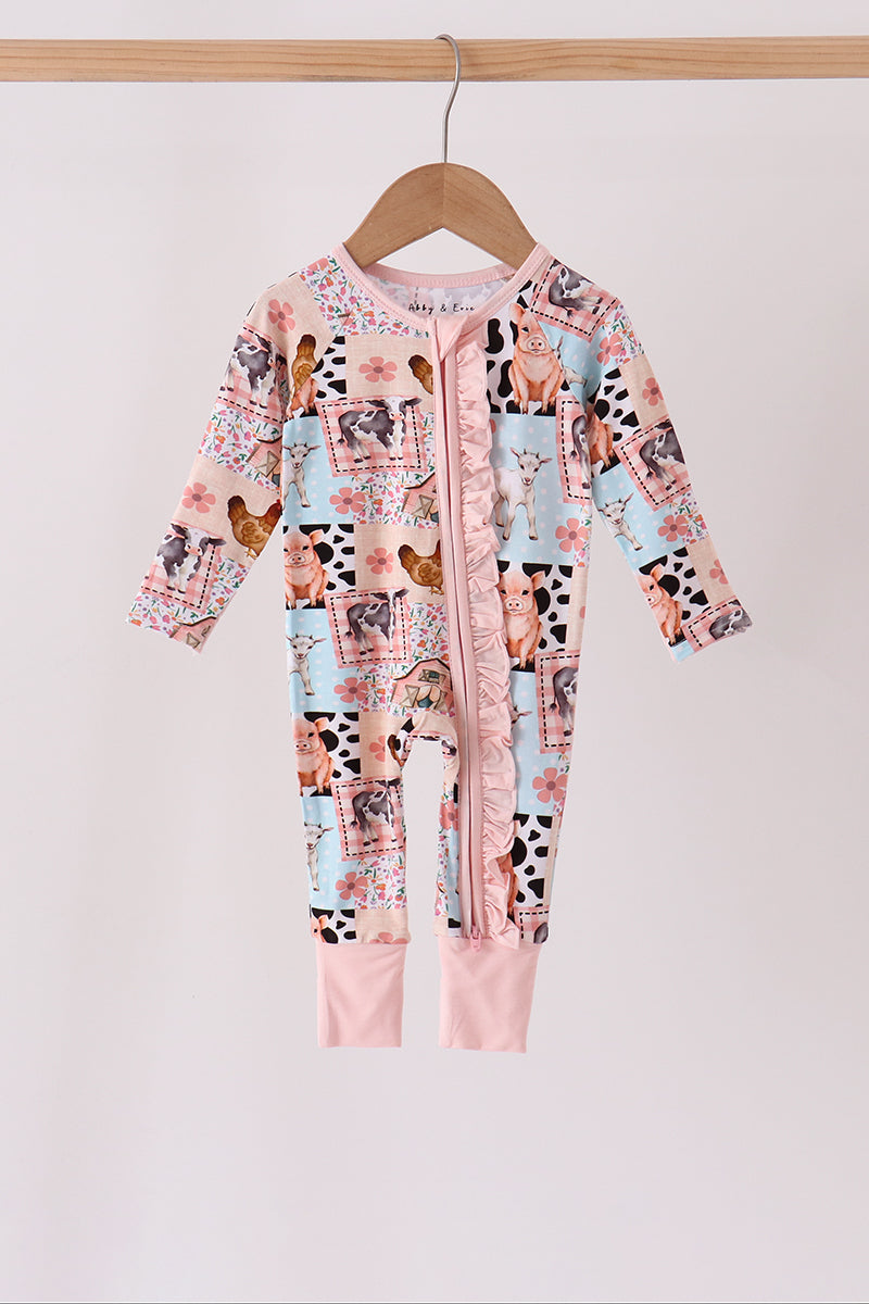 Pink Farm Animals Zip Bamboo Romper