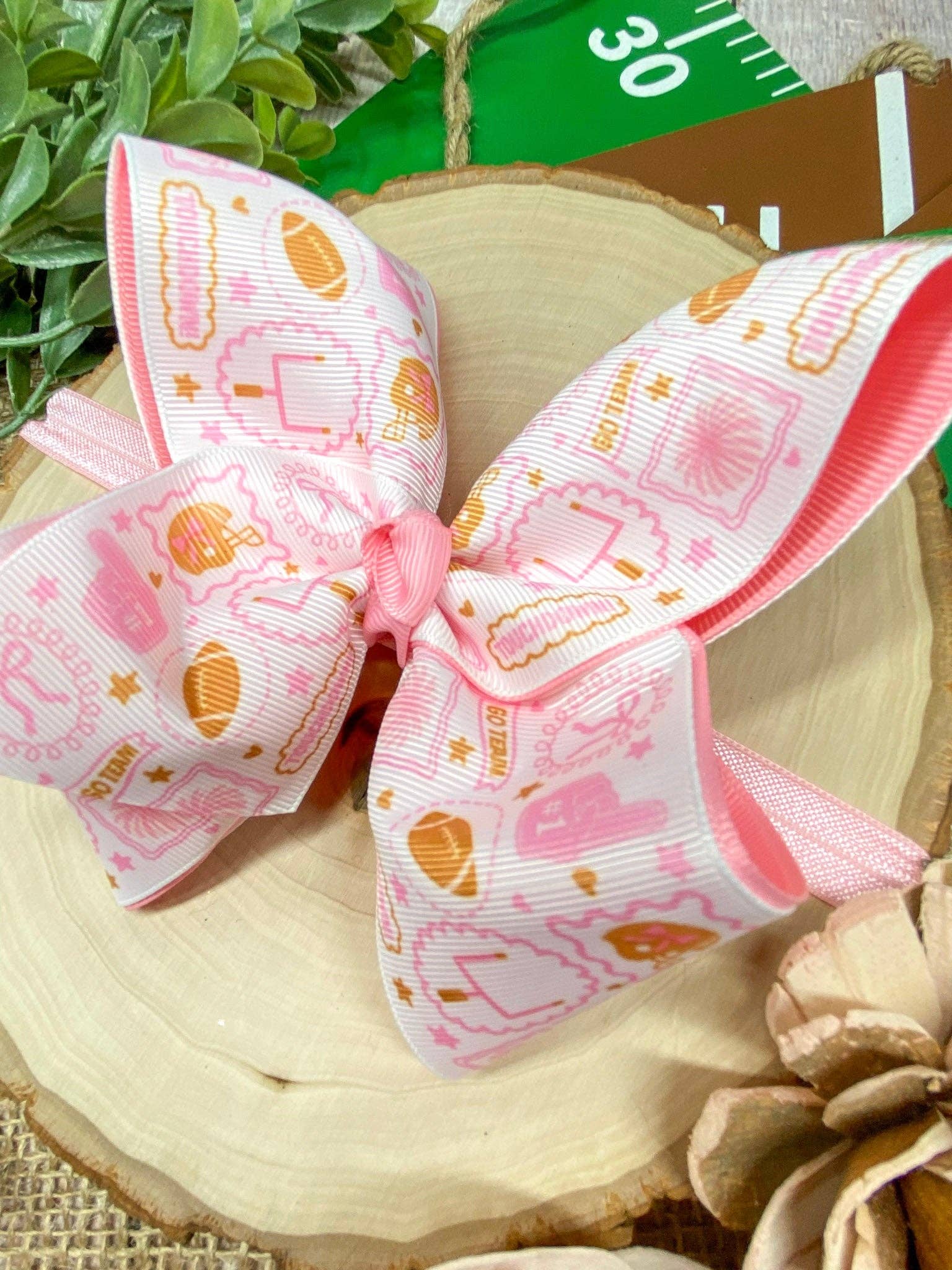 Football Print Pink Double Layer Hair Bow | Clip or Headband
