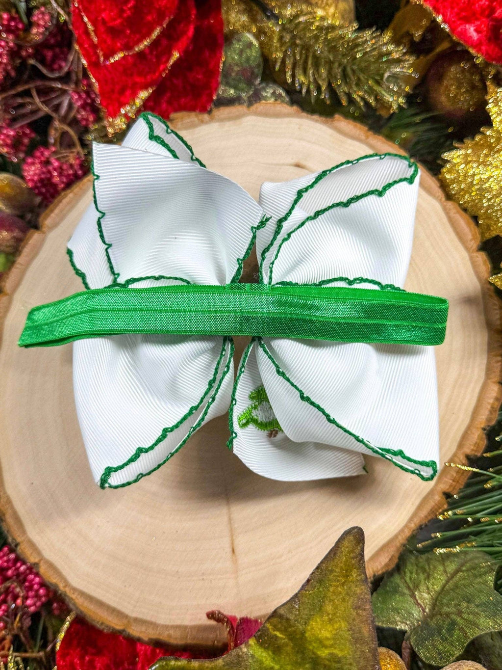 Christmas Tree Embroidered Hair Bow | Clip or Headband