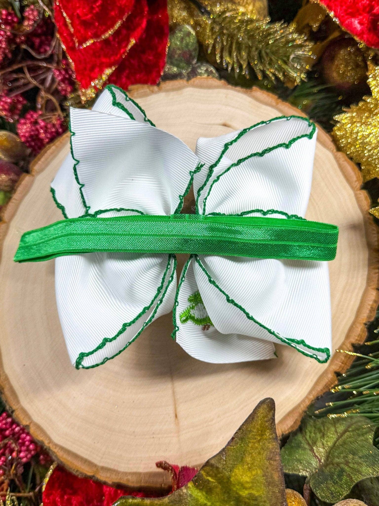 Christmas Tree Embroidered Hair Bow | Clip or Headband
