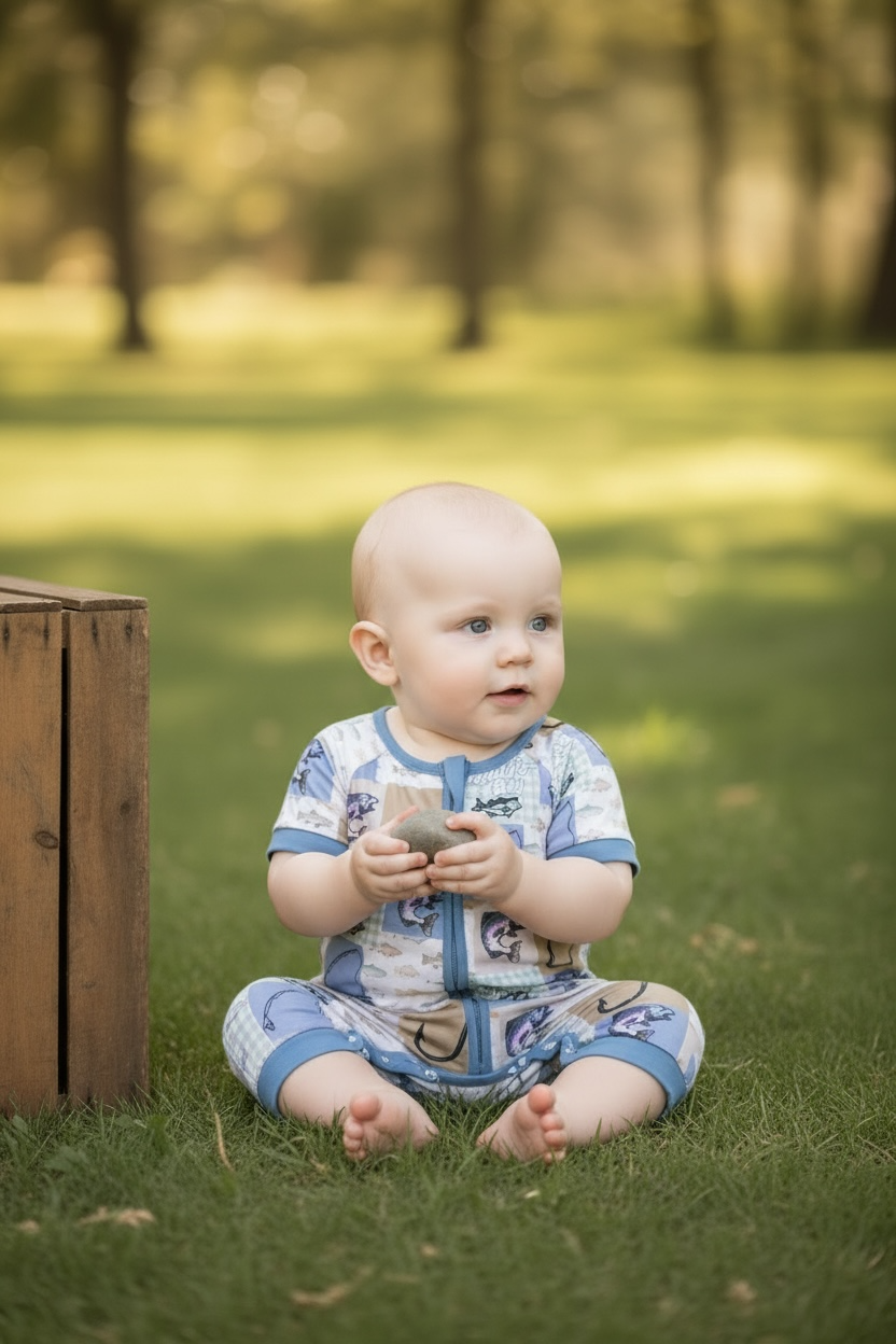 Gone fishing blue patchwork boy romper