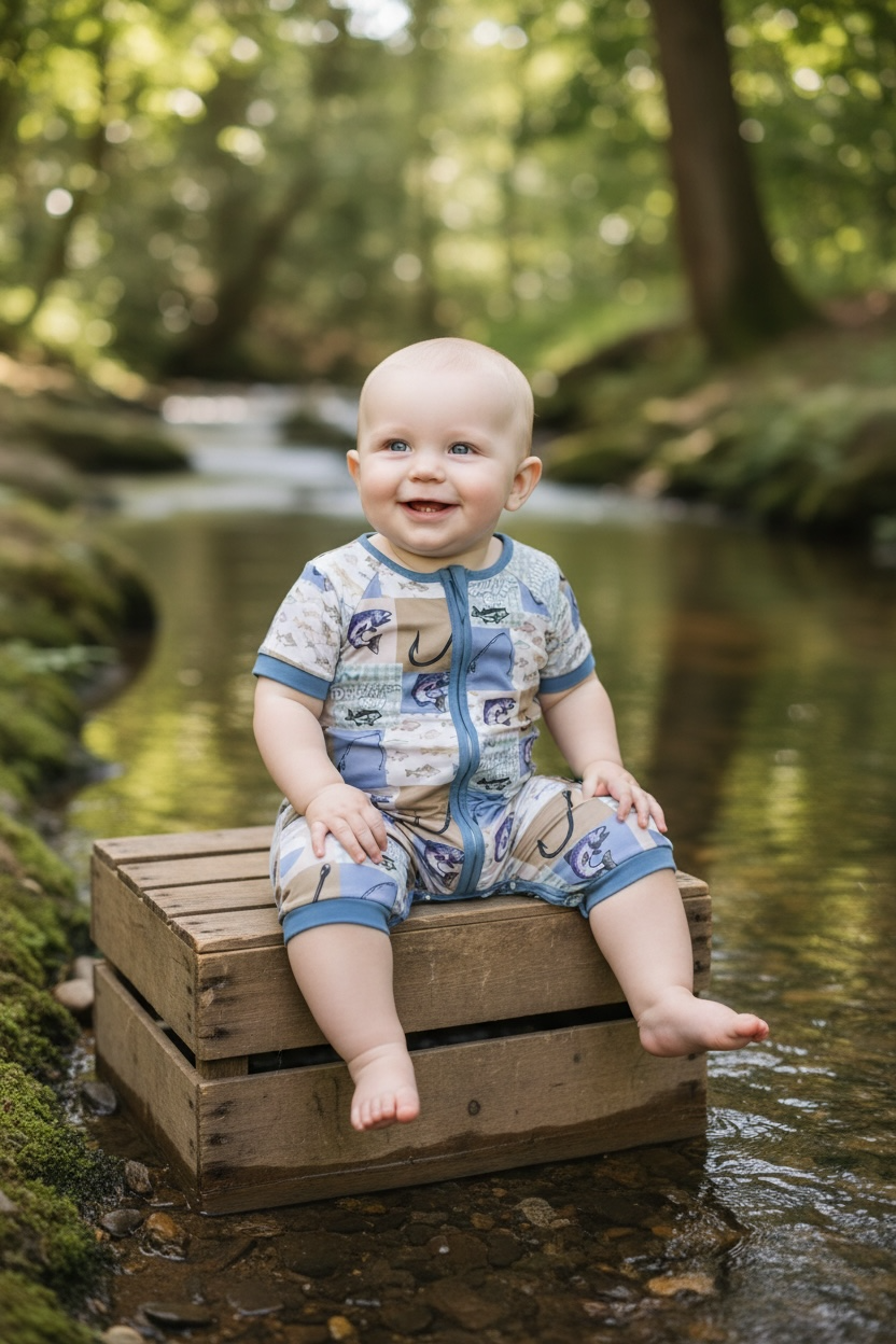 Gone fishing blue patchwork boy romper