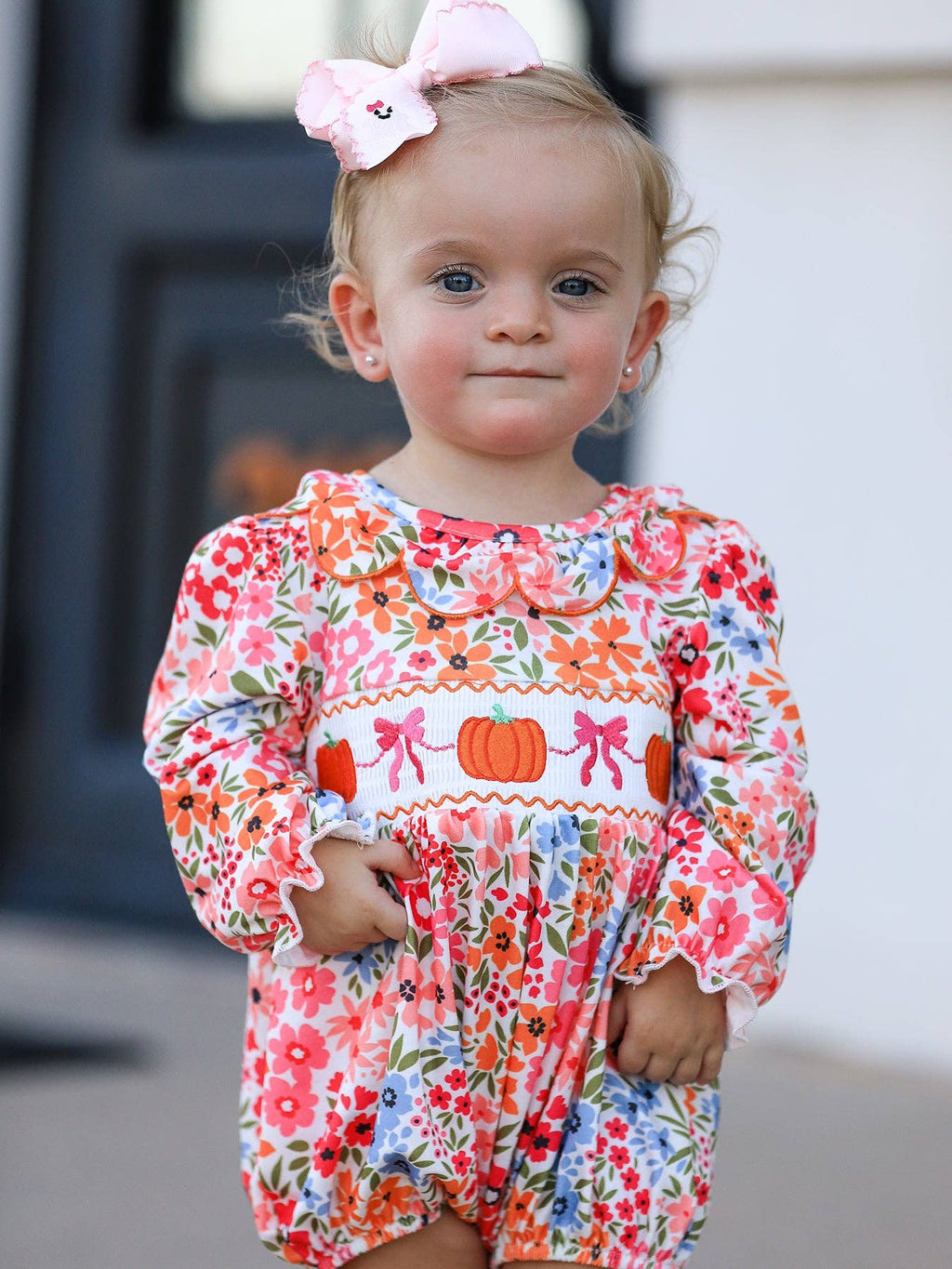 Pumpkin Bow Smock Floral Romper