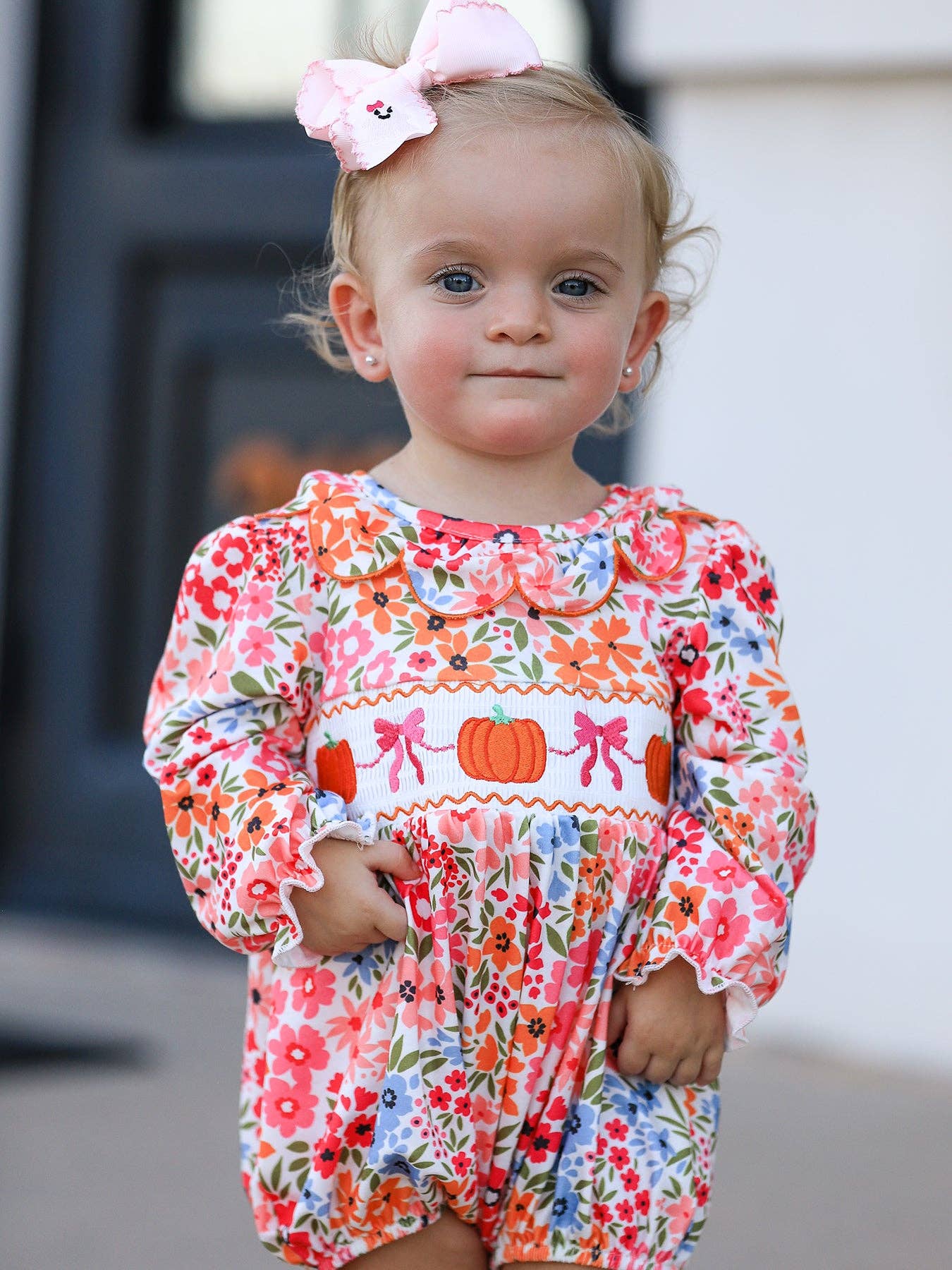 Pumpkin Bow Smock Floral Romper