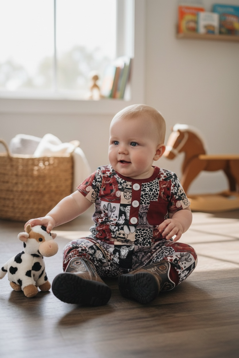 Yee haw patchwork boys western romper with snaps