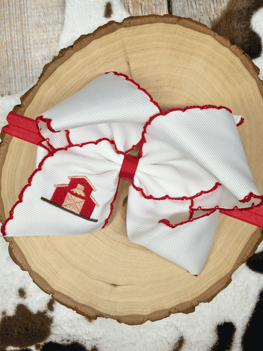 Little Red Farmhouse Barn Embroidered Hair Bow | Clip or Headband