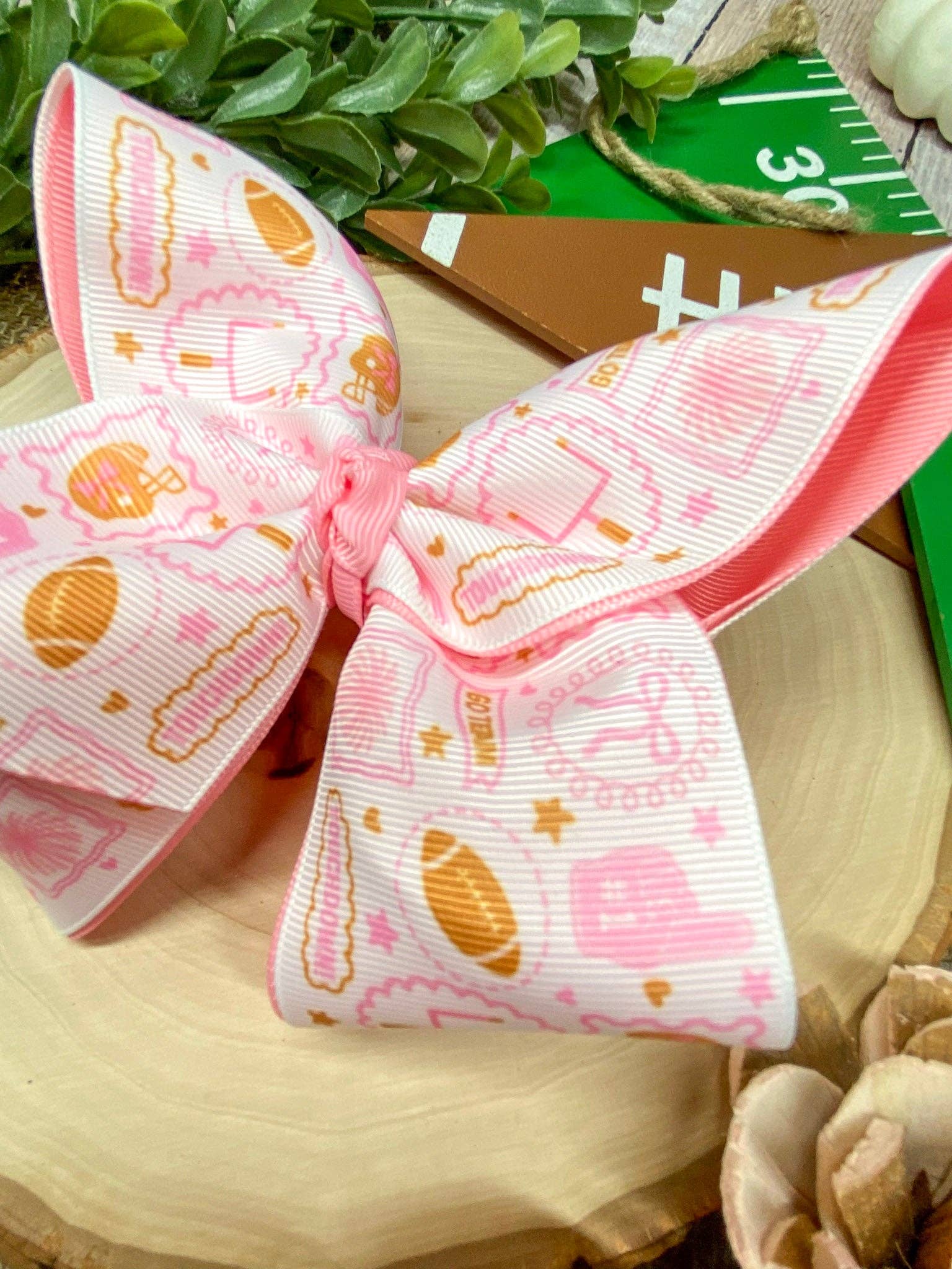 Football Print Pink Double Layer Hair Bow | Clip or Headband