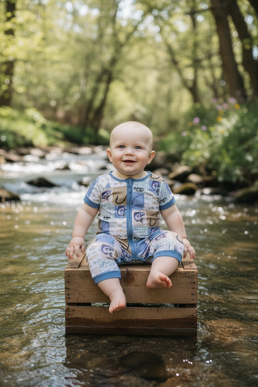 Gone fishing blue patchwork boy romper