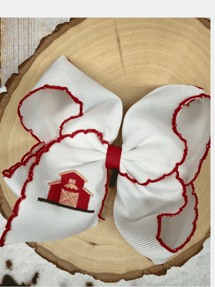 Little Red Farmhouse Barn Embroidered Hair Bow | Clip or Headband