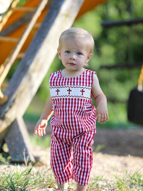 Red Smocked Church Boys Romper