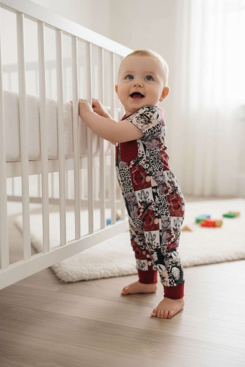 Yee haw patchwork boys western romper with snaps