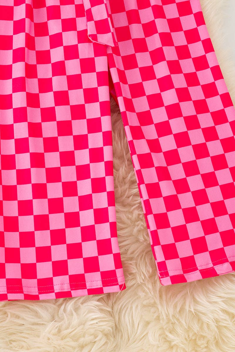 Hot pink checkered printed ruffle top & straight cut pants