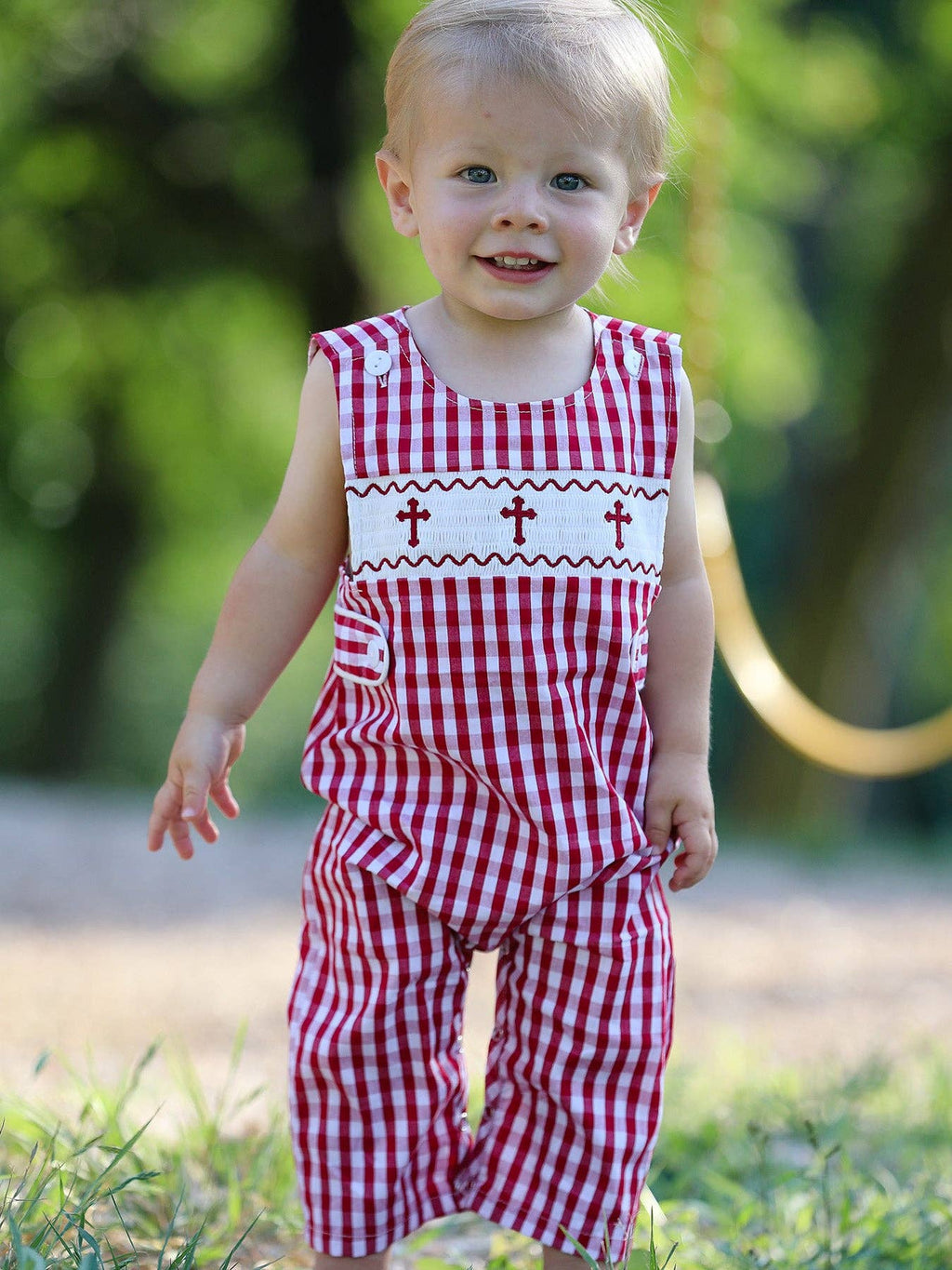 Red Smocked Church Boys Romper
