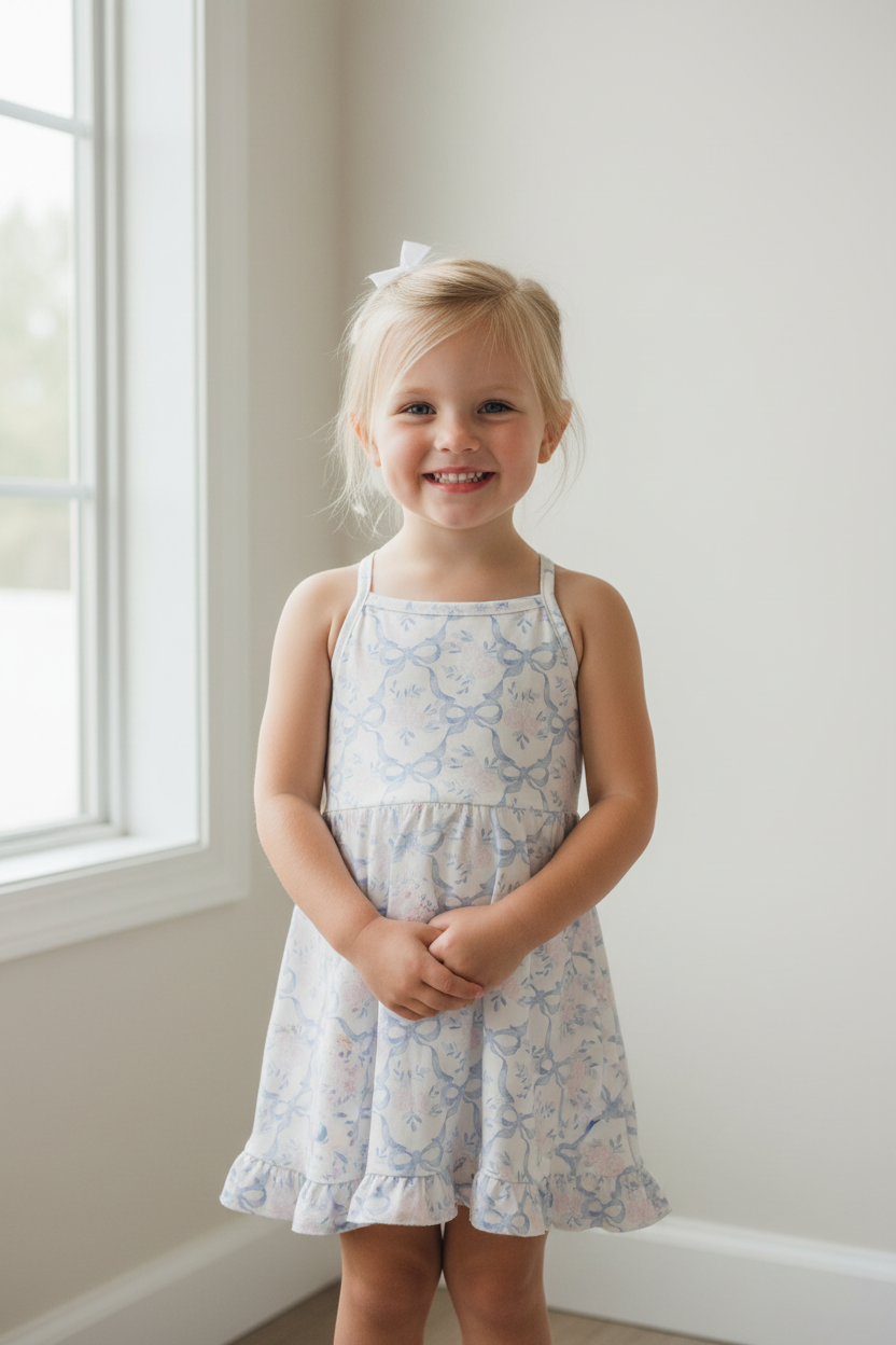 Flower Bow Print Girls Athletic Dresses