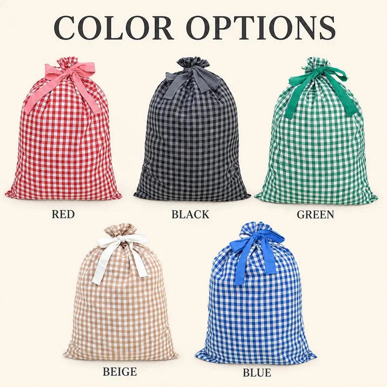 Gingham Christmas Sack Custom Embroidered Name Santa Bag