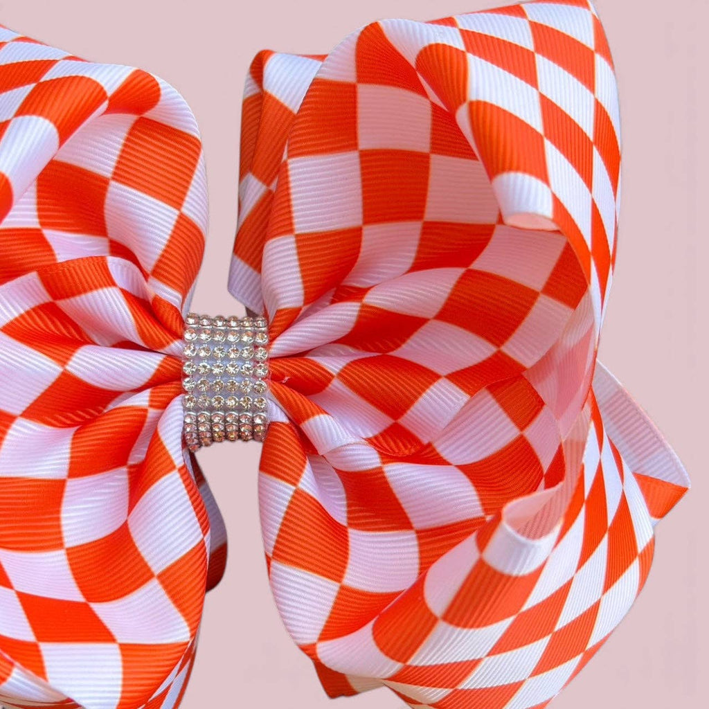 6.5" White & Orange checkered double hair bow on clip