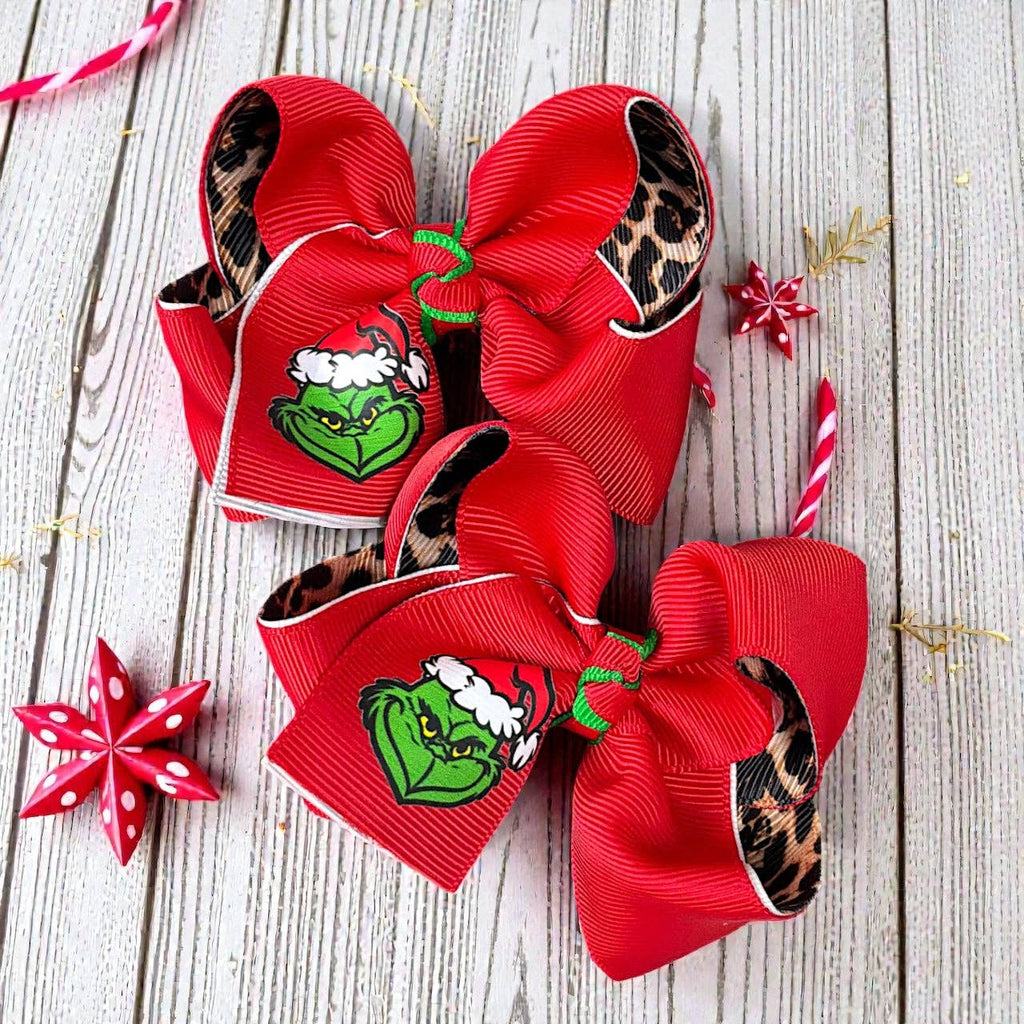 3" 2pc set Grinch hair bow on clip