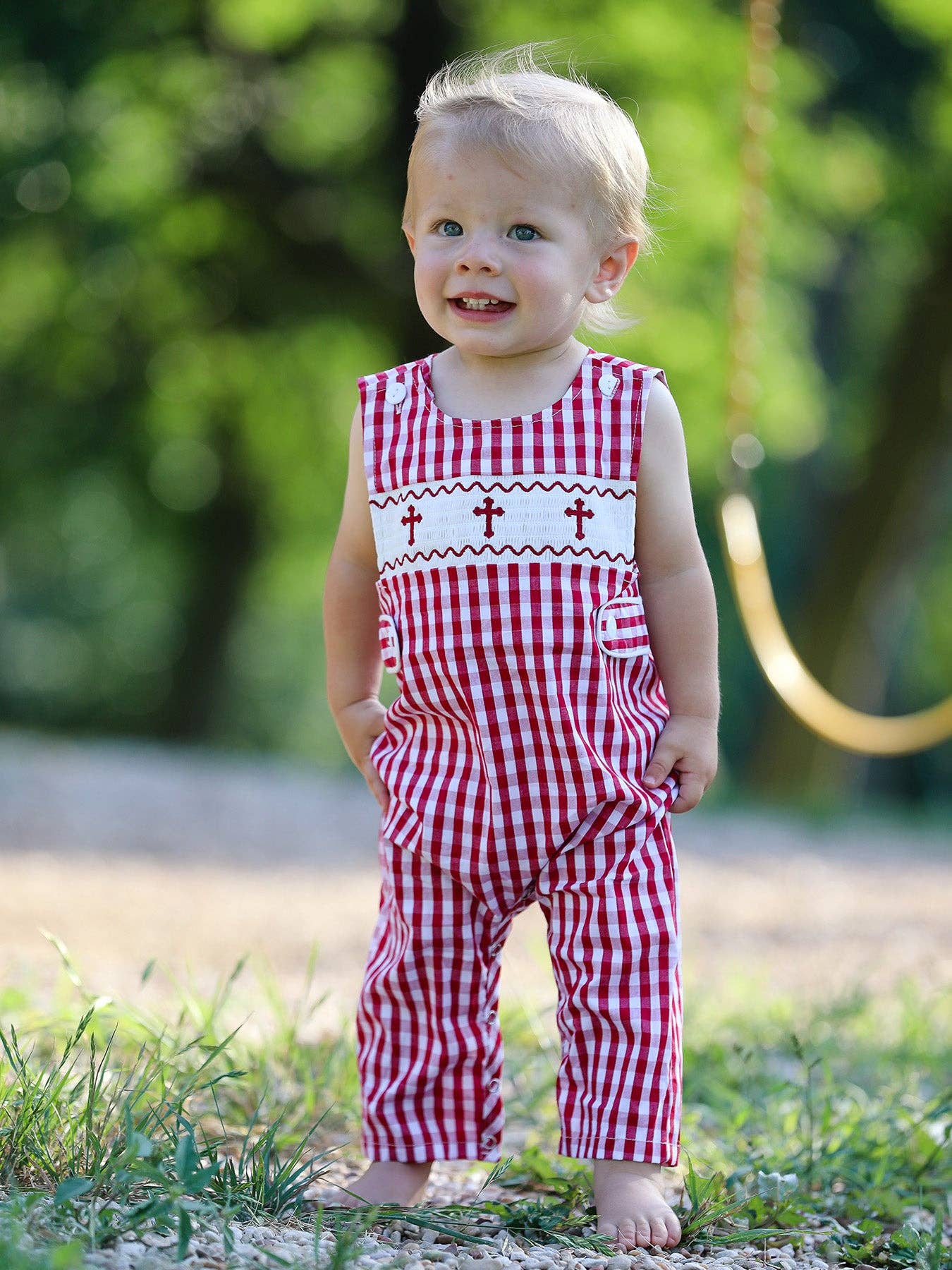 Red Smocked Church Boys Romper