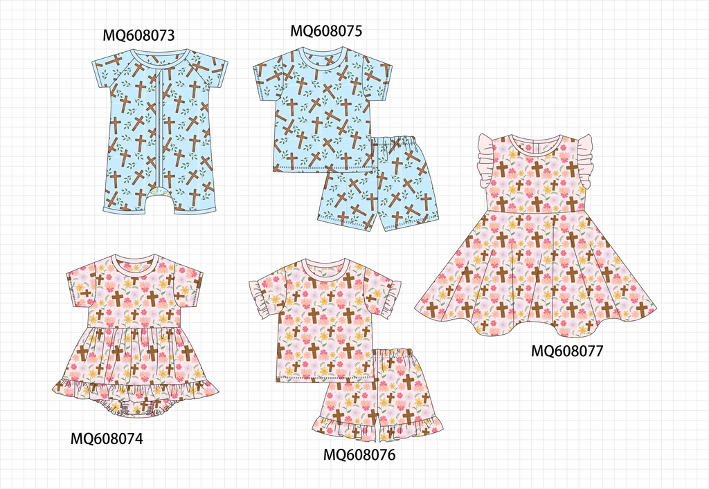 PO103 Blue&pink cross floral print bamboo collection