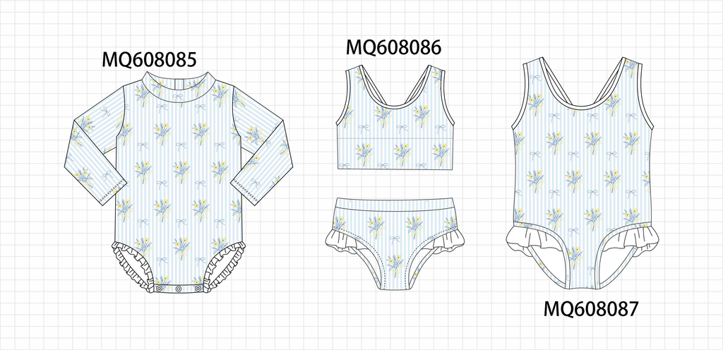 PO103 Blue floral bow stripe swimsuit collection