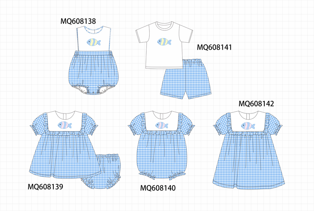PO103 Blue gingham fish embroidery ruffle collection