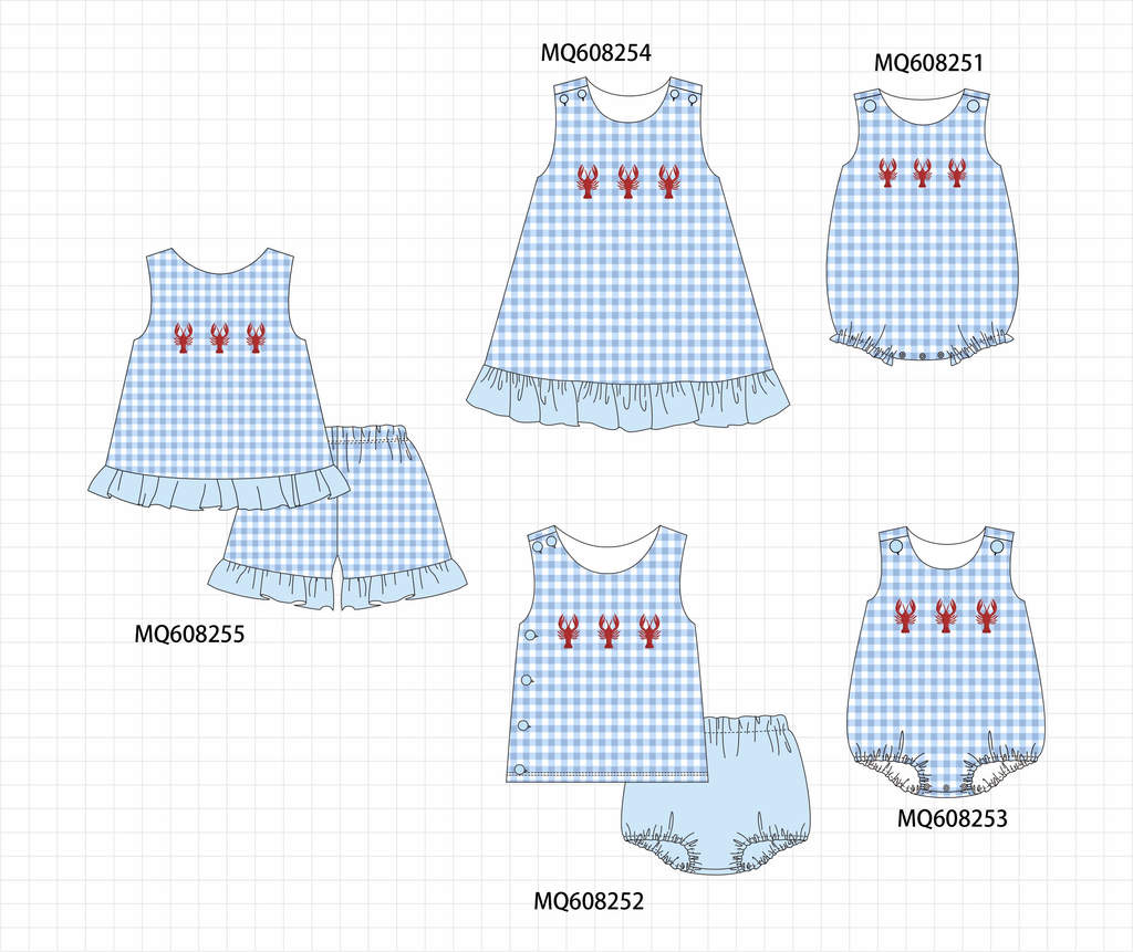 PO103 Blue lobster embroidery gingham collection