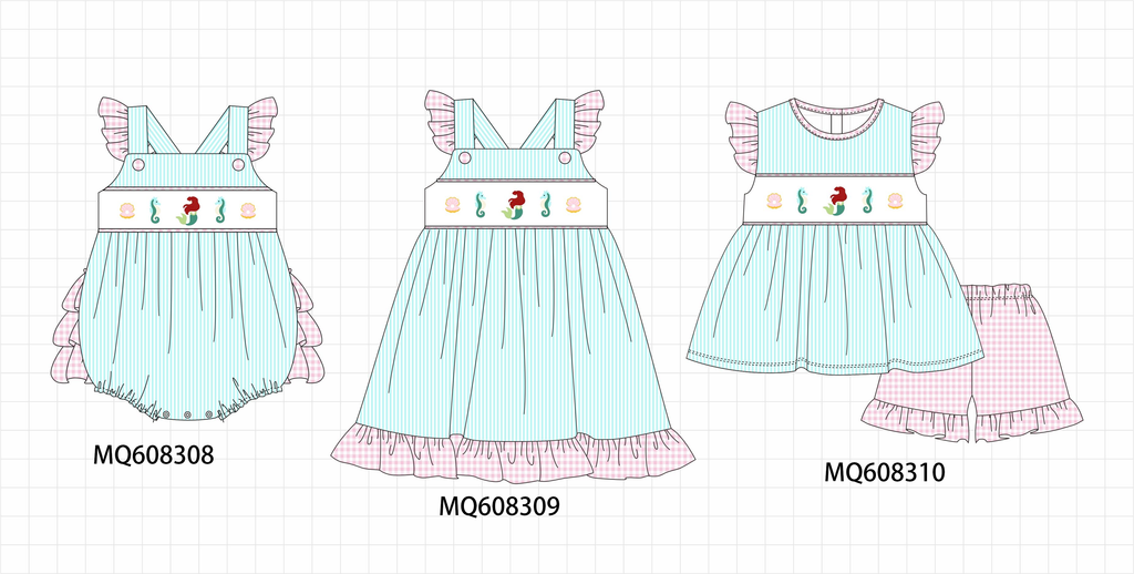 PO103 Blue seahorse embroidery seersuker ruffle collection