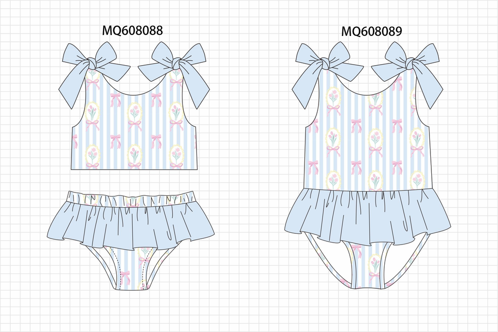 PO103 Blue stripe floral bow print ruffle swimsuit