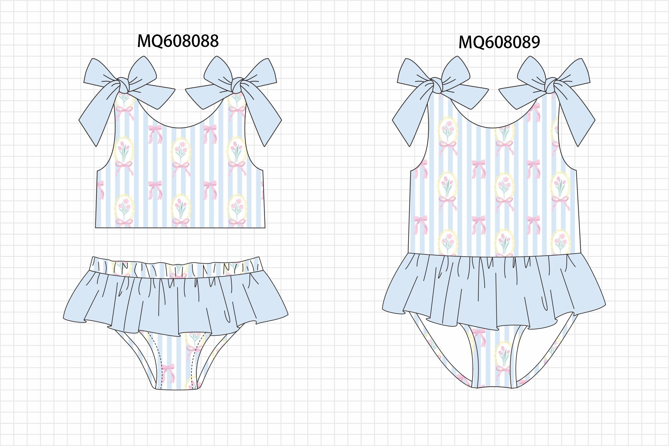 PO103 Blue stripe floral bow print ruffle swimsuit