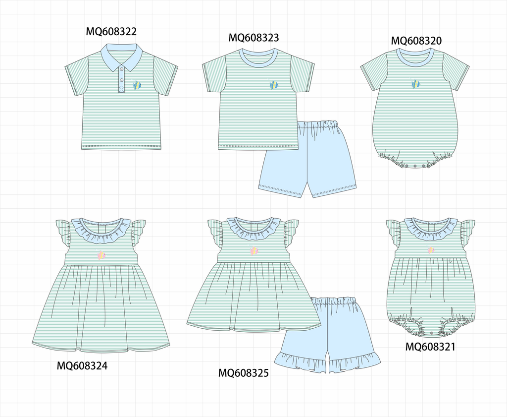 PO103 Green stripe fish embroidery ruffle colleciton