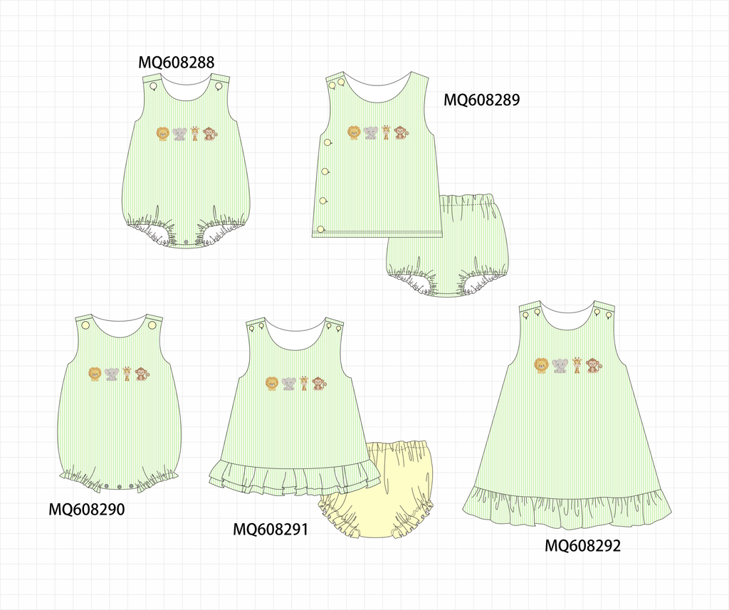 PO103 Green zoo animal embroidery seersucker collection