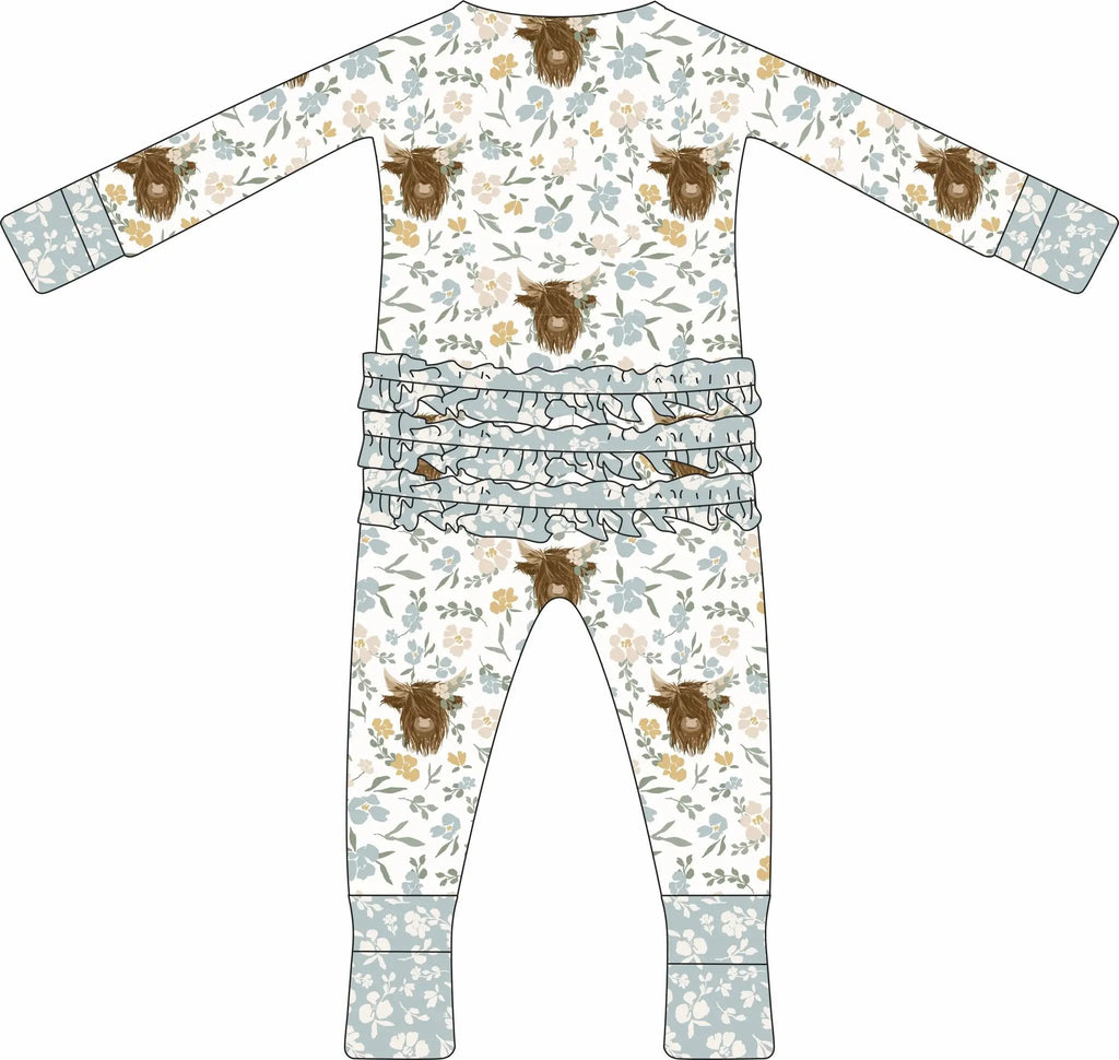 Max and Pippa - Bamboo Floral Highland Cow Zippie Convertible Pajamas